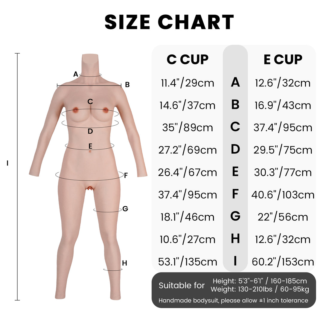 C und E Cup Knöchellanger Silikon-Bodysuit mit Ärmel 8G